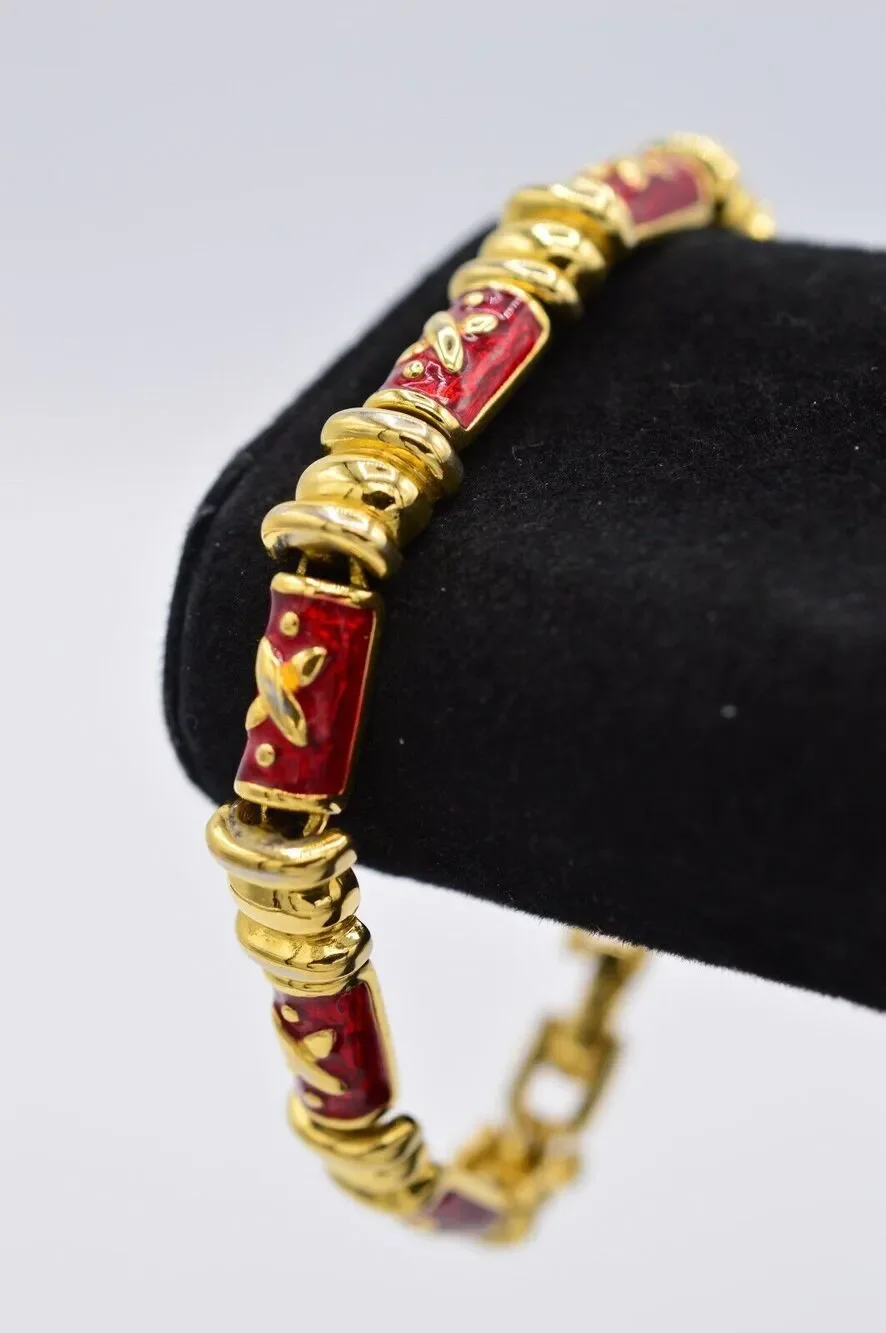 Joan Rivers Vintage Chain Bracelet Red Gold Enamel Tennis Signed 1990s Bin2